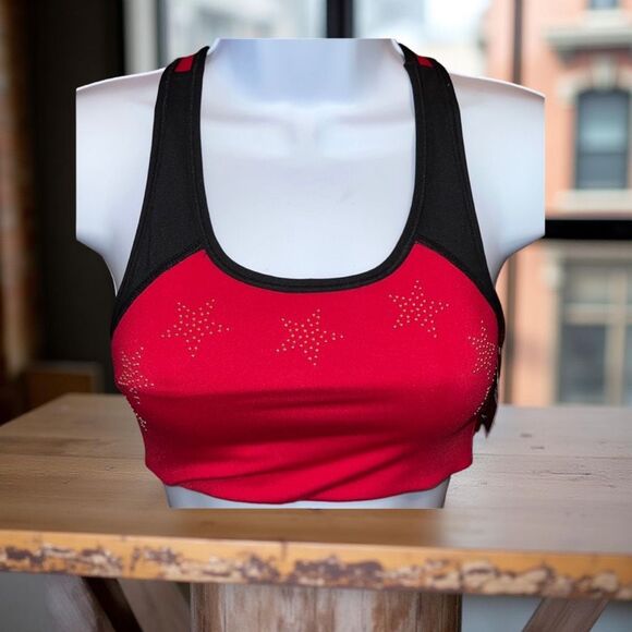 NWT PINK Victoria's Secret Ultimate Sports Stretch Bra Red With Gold Stars XS - Picture 1 of 7